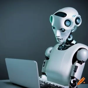 a robot typing on laptop - is Ai-generated content illegal